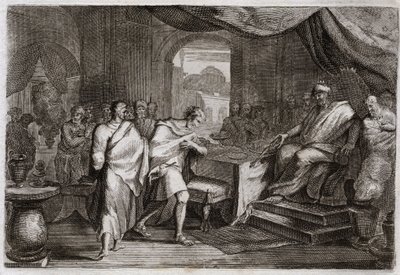 Bibelen til Royaumont, Det gamle testamente: Joachim skyter jern. Evilmerodach (Evil Merodac, Evil Merodac), konge av Babylon, etter Nebukadnesar IIs død, behandler Joakim (Joakim, Joachin, Jechoniah), en gang konge av Juda, og trekker ham fra jern for å s av Unknown artist