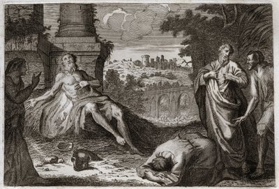 Bibelen til Royaumont, Det gamle testamente: Job på gjødsel. Den hellige mannen Job blir fristet av demonen som tar bort alt hans gode og alle hans barn, og slår ham med et forferdelig sår, og lar ham bare hans kone bære ham utålmodig. Illustrasjon fra 181 av Unknown artist