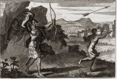 Bibelen til Royaumont, Det gamle testamente: Jonathan og David. Og da Jonatan så farens bitterhet, advarte Saul ham til å trekke seg tilbake. Illustrasjon fra 1811. av Unknown artist