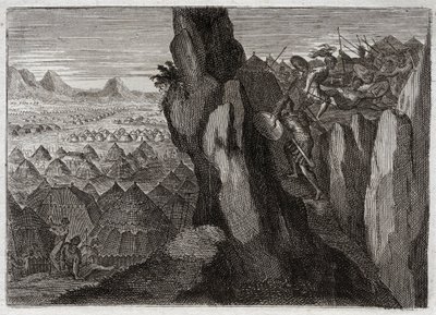 Bible of Royaumont, Old Testament: Jonathan and his Ecuyer. Jonathan, the son of King Saul, goes alone with his Ecuyer into the camp of the Philistines, and puts them on flight. Illustration from 1811. av Unknown artist