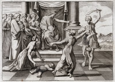 Bibelen til Royaumont, Det gamle testamente: Salomos dom. Salomos berømte dom mellom to kvinner, for å gjenkjenne hvem av de to som var mor til et barn, som begge hevdet å være henne. Illustrasjon fra 1811. av Unknown artist