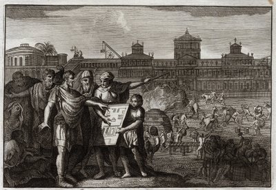 Bibelen til Royaumont, Det gamle testamente: Kong Kyros. Kyros II den store, konge av Persia, og siden fra Babylon, etter å ha visst at det var blitt forutsagt av profetene at det ville være han som ville få Jerusalems tempel til å gjøre opprør, gir makt t av Unknown artist
