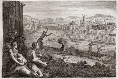 Bible of Royaumont, Old Testament: Midwives of Egypt. Pharaoh causes the male children of the Israelites to be thrown into the Nile. Illustration from 1811. av Unknown artist