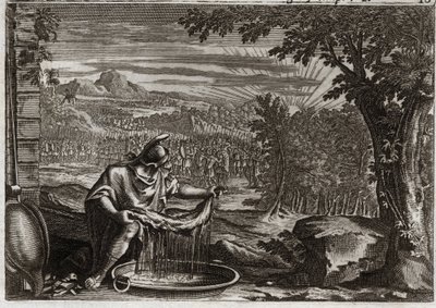 Bibelen til Royaumont, Det gamle testamente: skinnets mirakel. Gedeon (Gideon) fikk fra Gud ullets mirakel som bevis på at han hadde valgt det og at han ville gjøre det til folkets befrier. Illustrasjon fra 1811. av Unknown artist