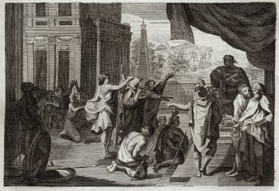 Bibelen til Royaumont, Det gamle testamente: Moses før farao. Moses ber farao om å la hebreerne gå ut i ørkenen for å ofre til Herren. Illustrasjon fra 1811. av Unknown artist