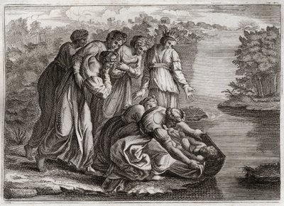 Bibelen til Royaumont, Det gamle testamente: Moses redder vann. Faraos datter trakk Moses tilbake fra Nilens vann og adopterte ham til sin sønn. Illustrasjon fra 1811. av Unknown artist