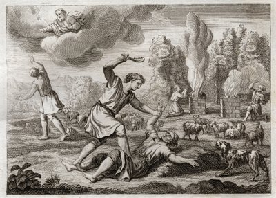 Bibelen til Royaumont, Det gamle testamente: Mordet på Abel. Kain bærer sin bror med misunnelse mot Abel, tar ham med ut på landet som om han skulle gå, og dreper ham. Illustrasjon fra 1811. av Unknown artist