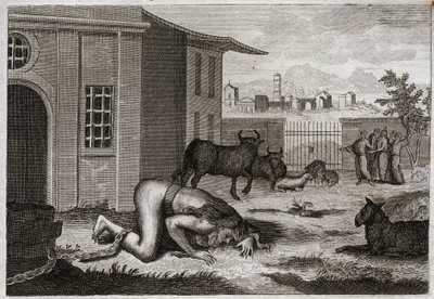 Bible of Royaumont, Old Testament: Nebuchadnezzar changes to bete. King Nebuchadnezzar II by just punishment for his pride is changed into bete. Illustration from 1811. av Unknown artist