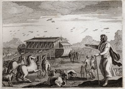 Bibelen til Royaumont, Det gamle testamente: Noahs ark. Gud, som er sint på menneskers overtredelser, bestemmer seg for å straffe alle med en syndflod; og for å redde Noe, som var rettferdig, befaler han ham å lage arken. Illustrasjon fra 1811. av Unknown artist