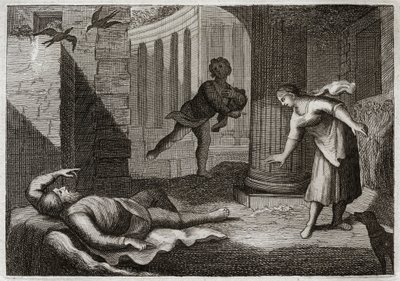 Bible of Royaumont, Old Testament: Old Tobie loses sight. The holy man Tobie loses sight, and suffers this evil with extreme patience. Illustration from 1811. av Unknown artist