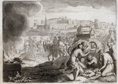 Bible of Royaumont, Old Testament: Oza strikes with God. David wants to bring the Ark of Covenant back home. Oza died, who put his hand there to stop him from falling. Illustration from 1811. av Unknown artist