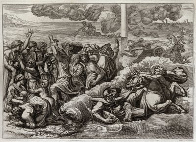 Bibelen til Royaumont, Det gamle testamente: Farao senker seg i Rødehavet. Passasjen av Rødehavet av Moses og hebreerne, og druknet Faraos hær. Illustrasjon fra 1811. av Unknown artist