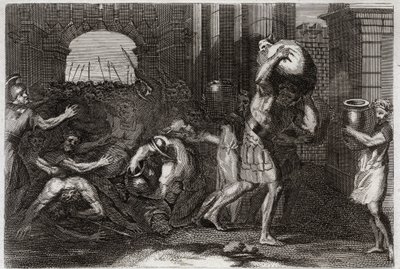 Bible of Royaumont, Old Testament: Prediction of Elisee. A Lord of Samaria, having misled the words of Elisee, is crowded at his feet. Illustration from 1811. av Unknown artist