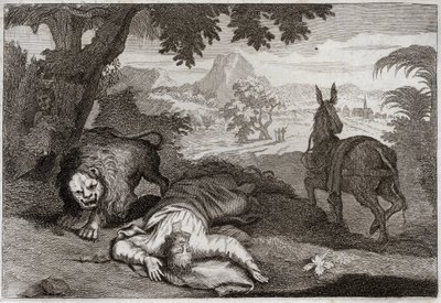 Bible of Royaumont, Old Testament: Prophete disobedient. A Prophete, having taken Jeroboam from his ungodly, is killed by a lion, because he had not obei to the Lord, who had forbidden him to drink and eat in this place. Illustration from 1811. av Unknown artist