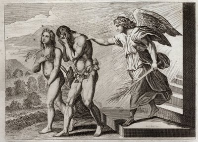 Bible of Royaumont, Old Testament: Punishment of Adam. God drives Adam and Eve out of Paradise after they fall, and puts a Cherubin at the door to defend their entrance. Illustration from 1811. av Unknown artist
