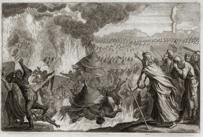 Bibelen til Royaumont, Det gamle testamente: straff for himmelsk ild. Core (Kore), Datan (Datan, Nathan) og Abriron (Abiram) som mumler mot Moses og påvirker herskeren Pretrise, blir alle ødelagt i live, og jorden åpner seg for å sluke dem. Episode av av Unknown artist