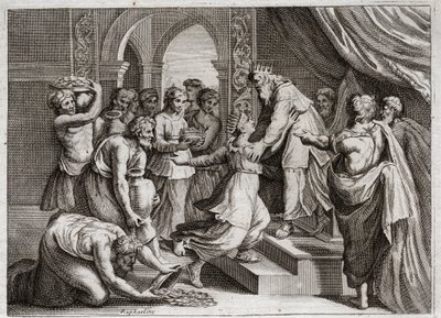 Bible of Royaumont, Old Testament: Queen of Sheba. The Queen of Sheba comes to Solomon to listen to his wisdom and to offer him presents. Illustration from 1811. av Unknown artist