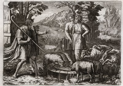 Bibelen til Royaumont, Det gamle testamente: Rachel og Lea. Jakob tjener Laban, onkelen hans, for å få datteren Rachel gift. Illustrasjon fra 1811. av Unknown artist
