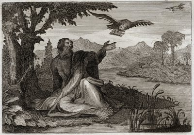 Bibelen til Royaumont, Det gamle testamente: Ravens of Elijah. Gud slo jorden med en tre år gammel sterilitt, sendte profeten Elia ved en bekk, eller to kråker brakte ham mat. Illustrasjon fra 1811. av Unknown artist