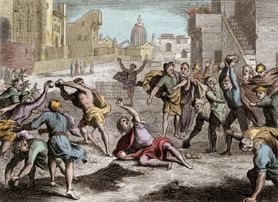 Bibelen om Royaumont, Det gamle testamente: Representasjon av skismaet til Rehabeam som delte kongeriket Israel etter Salomos død - hans folk sender representanter til Rehabeam hans fis, som foretrekker råd fra unge menn fremfor gamle menn, mister kongedøm av Unknown artist