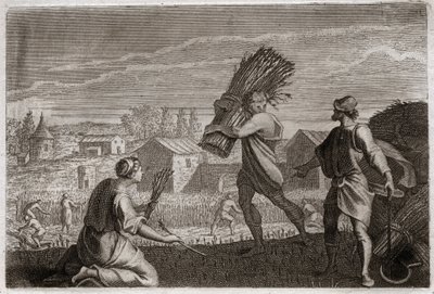 Bible of Royaumont, Old Testament: Ruth follows his mother-in-law Noemi (Naomi, Noemie) in the land of Judah and reaps the wheat fields of Boaz (Boaz). Illustration from 1811. av Unknown artist