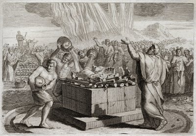 Bibelen til Royaumont, Det gamle testamente: Elias offer. Og etter å ha gjort den sanne Gud kjent ved ildens under som kom ned fra himmelen ved hans offer, befalte han folket å drepe de fire hundre og femti prestene til Ba