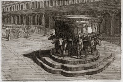 Bibelen til Royaumont, Det gamle testamente: Søt hav. Støpejern kaller vanligvis The Sea of brazen for å vaske føttene og hendene til prestene når de går inn i templet. Illustrasjon fra 1811. av Unknown artist