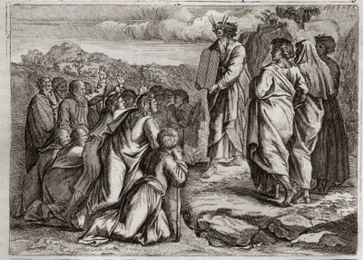 Bibelen til Royaumont, Det gamle testamente: Lovens andre tabeller. Gud gir Moses andre bord (ti bud), som folket mottar med respekt. Illustrasjon fra 1811. av Unknown artist