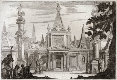 Bibelen til Royaumont, Det gamle testamente: Simon Pontiff. Simon Machabee (Maccabee, Macabee) etterfølger sin bror Jonathas (Jonathan), reiste en praktfull grav for sin far og hans brødre, og ble drept i forræderi. Illustrasjon fra 1811. av Unknown artist