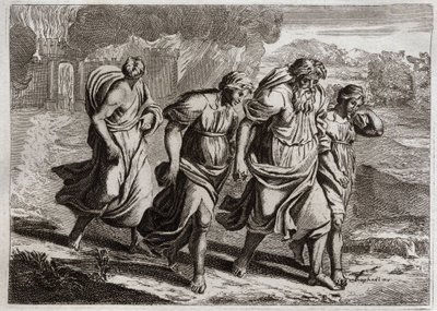 Bibelen til Royaumont, Det gamle testamente: Sodom brulee. Gud irriterer Sodomas avskyelige forbrytelser, brenner det sammen med de andre nabobyene, med et regn av ild og svovel som han brenner fra himmelen (Loth, døtrene hans og kona flykter fra byen). Il av Unknown artist