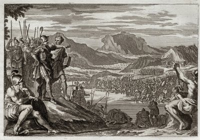 Bible of Royaumont, Old Testament: Soldiers of Gedeon. God commands Gedeon (Gideon) to lead all his troops to the Jordan River, and gives him a mark to discern those whom he was to use to fight against the Midianites. Illustration from 1811. av Unknown artist