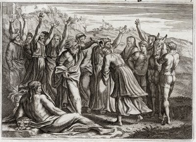 Bible of Royaumont, Old Testament: Solomon King. David established Solomon King at the prayers of Bethsabee and Prophete Nathan. Illustration from 1811. av Unknown artist
