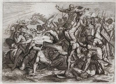 Bibelen til Royaumont, Det gamle testamente: Sun Stop. Joshua som jager sine amorittiske fiender (amorritter) får solen til å stoppe, slik at han kan få mer tid til å angre dem. Illustrasjon fra 1811. av Unknown artist