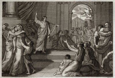Bible of Royaumont, Old Testament: Susanne delivree. God uses the wisdom of young Daniel to delivate Susanne from death, to which she had been unjustly condemned. Illustration from 1811. av Unknown artist