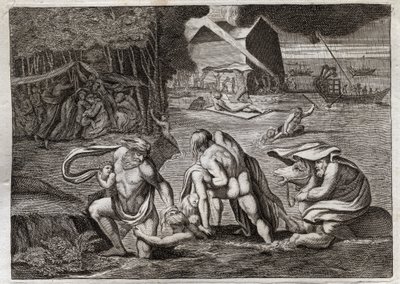 Bibelen til Royaumont, Det gamle testamente: Syndfloden. Syndfloden oversvømmer hele jorden. Den eneste arken redder de som var innelåst i den fra denne forliset. Illustrasjon fra 1811. av Unknown artist