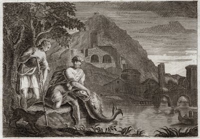 Bibelen til Royaumont, Det gamle testamente: Engelen veileder Tobie. Unge Tobie er livredd av en fisk (mirakuløst) som ønsket å spise ham. Angel Raphael kommer etter Guds ordre for å veilede ham på en reise han måtte gjøre. Illustrasjon fra 1811. av Unknown artist