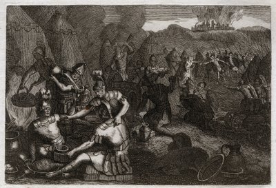 Bible of Royaumont, Old Testament: Thieves of Siceleg. Some Amalekites come to plunder Siceleg in the absence of David. He runs furious and loses them. Illustration from 1811. av Unknown artist