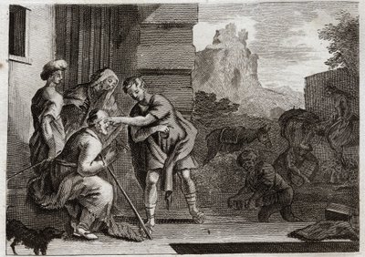 Bibelen til Royaumont, Det gamle testamente: Tobia får synet tilbake. Unge Tobie gir faren synet ved å føre over øynene hans fisken han fisket etter råd fra erkeengelen Raphael. Engelen gjør seg kjent for dem og forsvinner så. Illustrat av Unknown artist