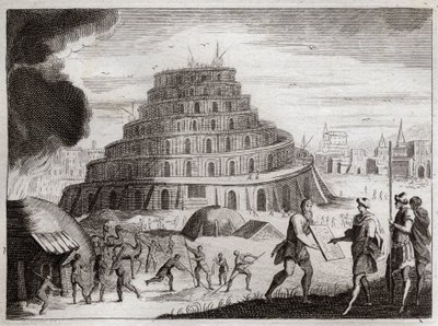 Bibelen til Royaumont, Det gamle testamente: Babelstårnet. Menn ønsker av forfengelighet å reise et tårn til himmelen. Gud forhindrer dette arbeidet ved å forvirre tungene deres slik at de ikke lenger kan høre hverandre snakke. Illustrasjon fra 1811. av Unknown artist