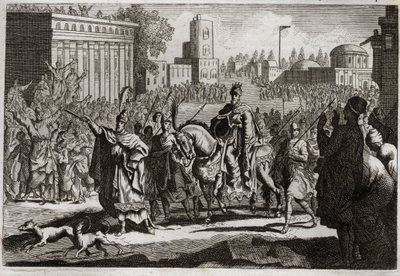 Bible of Royaumont, Old Testament: Triumph of Mardochee. Aman (Haman) is forced by the King to publish the triumph of Mardochee (or Mordekhai or Mordecai) his enemy throughout the city of Susan (better known as Susa). Illustration from 1811. av Unknown artist