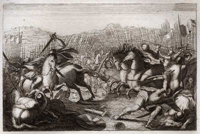 Bibelen til Royaumont, Det gamle testamente: Judas seier. Judas Maccabee (Maccabee, Maccabee) beseiret Apollonius, Seron, Ptolemaios Macron, Gorgias, Nicanor og Lysias i forskjellige slag. Illustrasjon fra av Unknown artist