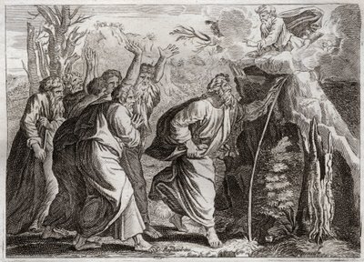 Bibelen til Royaumont, Det gamle testamente: Vann fra klippen. Moses fører vann ut av klippen og gir Israels folk å drikke. Illustrasjon fra 1811. av Unknown artist