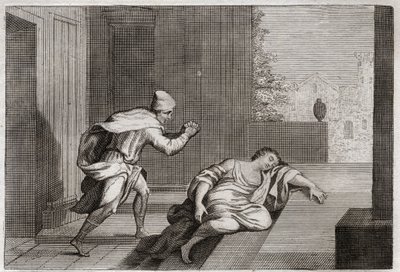 Bibelen til Royaumont, Det gamle testamente: Woman of the Outragee Levite. Levittens kone ble funnet død ved døren etter å ha blitt mishandlet av kjeltringer. Illustrasjon fra 1811. av Unknown artist