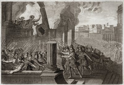 Bible of Royaumont, Old Testament: Zambri burns. Zambri, having revolted against Ela, the fourth king of Israel, is siege in Thersa, where he burns himself, with all his family, in his palace. Illustration from 1811. av Unknown artist