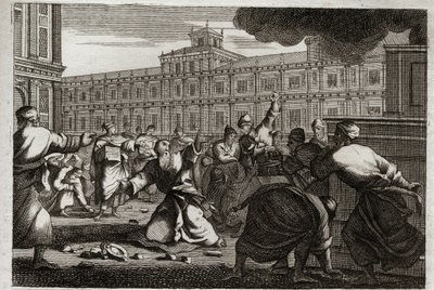 Bibelen til Royaumont, Det gamle testamente: Sakarja steinet. Sakarja, ypperstepresten, blir steinet på befaling av Joash (Jehoash) konge av Juda, fordi han tok ham fra hans ordre. Illustrasjon fra 1811. av Unknown artist