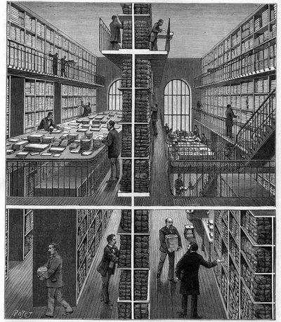 Bibliotheque Nationale i Paris: journalhåndtering og arkivrom ved Bureau des Entrees. Gravering i "" Nature: gjennomgang av vitenskapene og deres anvendelser på kunst og industri "" av 17. juni 1893. av Unknown artist