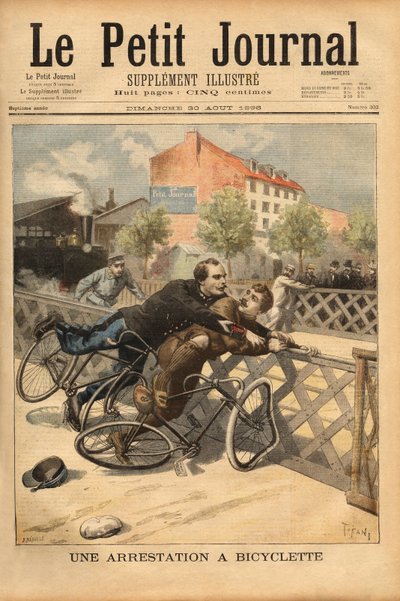 Sykkelarrest nær Champigny. Gravering i "" Le petit journal"" 30.08.1896. Selvas samling. av Unknown artist