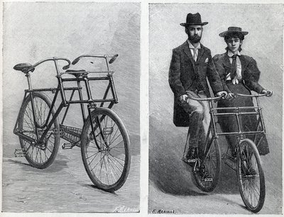 Bicycle has two seats from the manufacture “” Punnett Cycle”” without and with cyclists. Engraving in “” La Nature”” av Unknown artist
