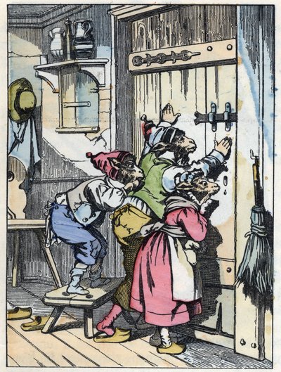 Biquets listen to who knocks on the door. Illustration of the tale “Compere le Loup, Maitre Renard, Comere la Chevre et ses petits biquets”” after a fable by Jean de la Fontaine. In “” Tales from the home for the little ones””. Anonymous engraving of the 1 av Unknown artist