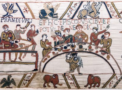 Biskop Odo velsigner maten og vinen, Bayeux-teppet (ullbroderi på lin) av Unknown artist